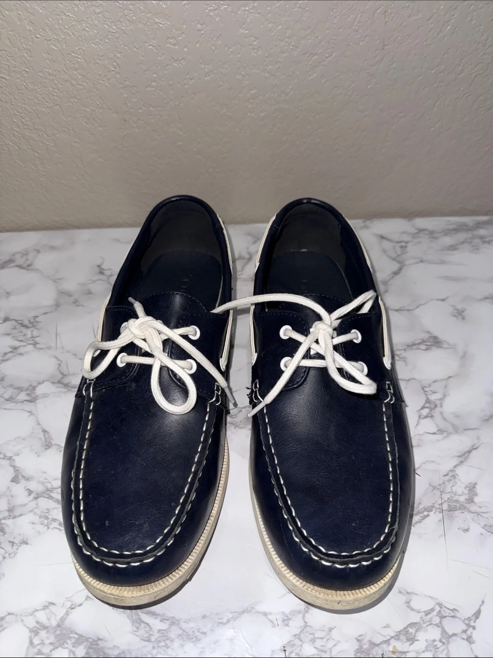 Club Room Navy Leather Boat Shoes with White Laces